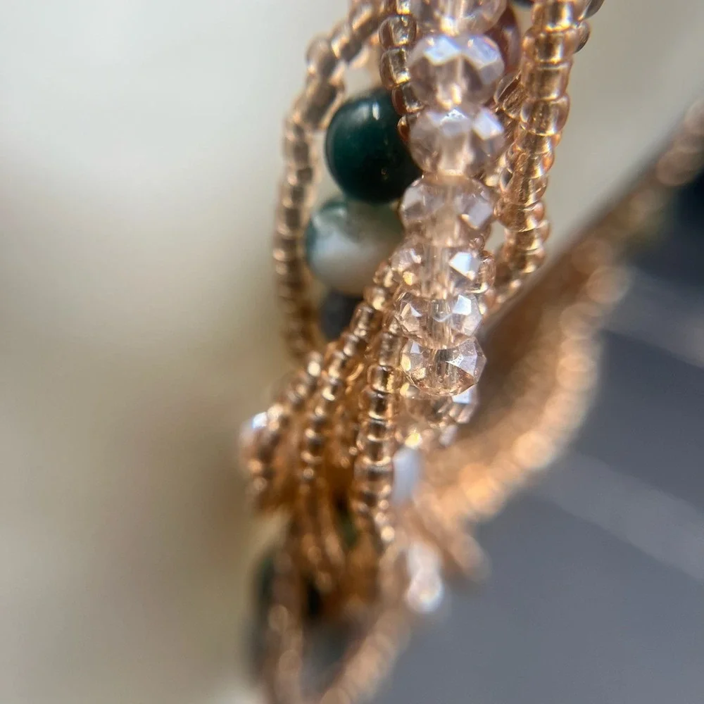 Vintage Y2K Multi-Strand Agate Natural Stone Bracelet Seed Beads Boho‎ Statement